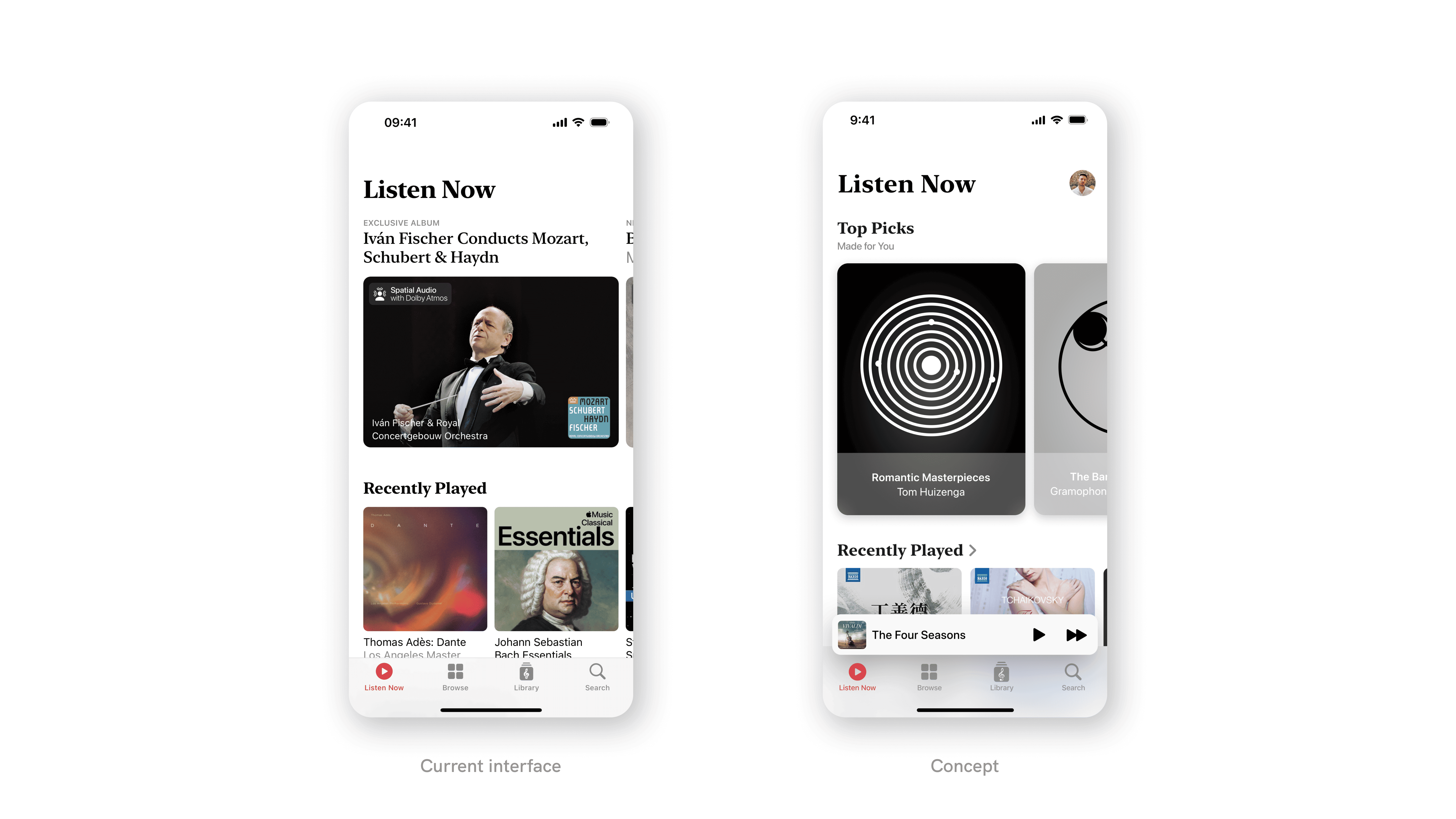 The current Listen Now interface and the proposed concept.
